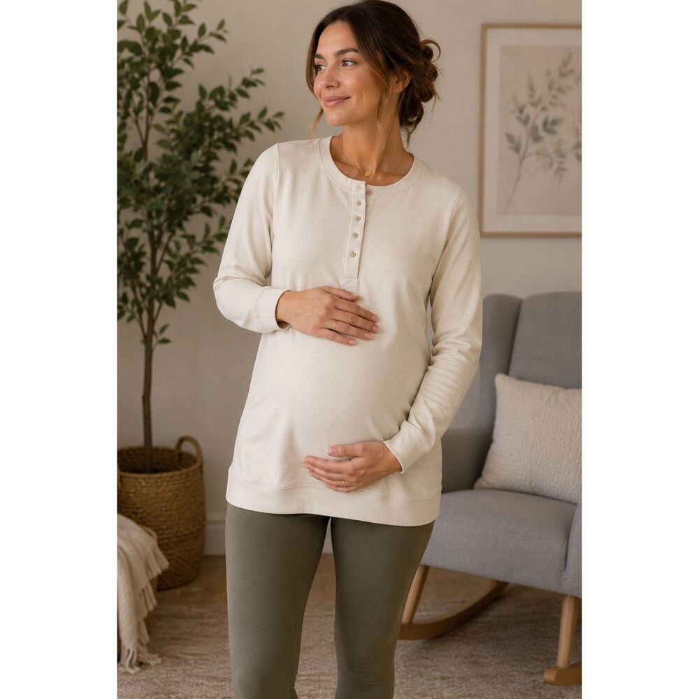 Isabel Maternity Cream Henley Pullover Sweatshirt XS Soft Stretch Long Sleeve